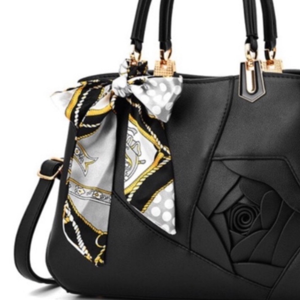 Twilly Silk Handbag Headband Neck Scarf (1) Black White Gray Purse Scarf